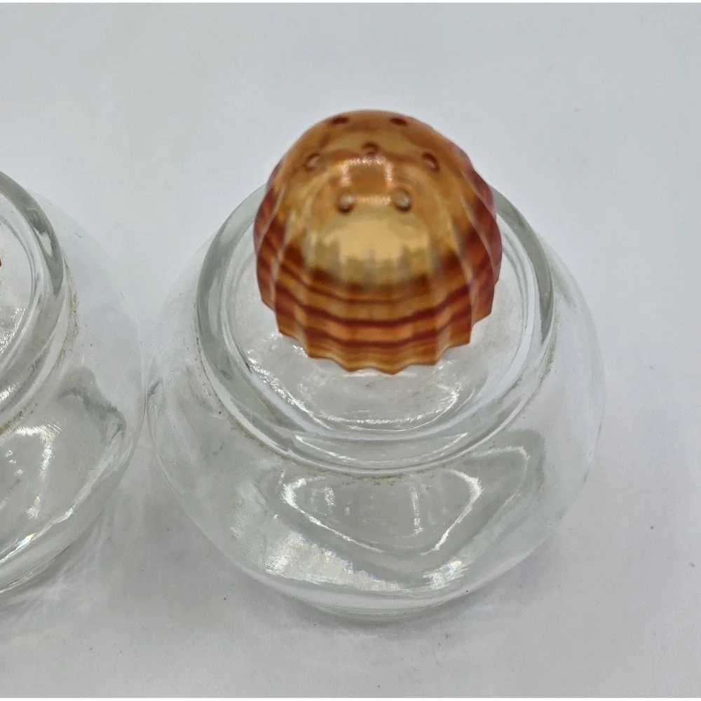 Vintage 1950s Midcentury Table Salt & Pepper Shakers Clear Glass, Red Orange Top